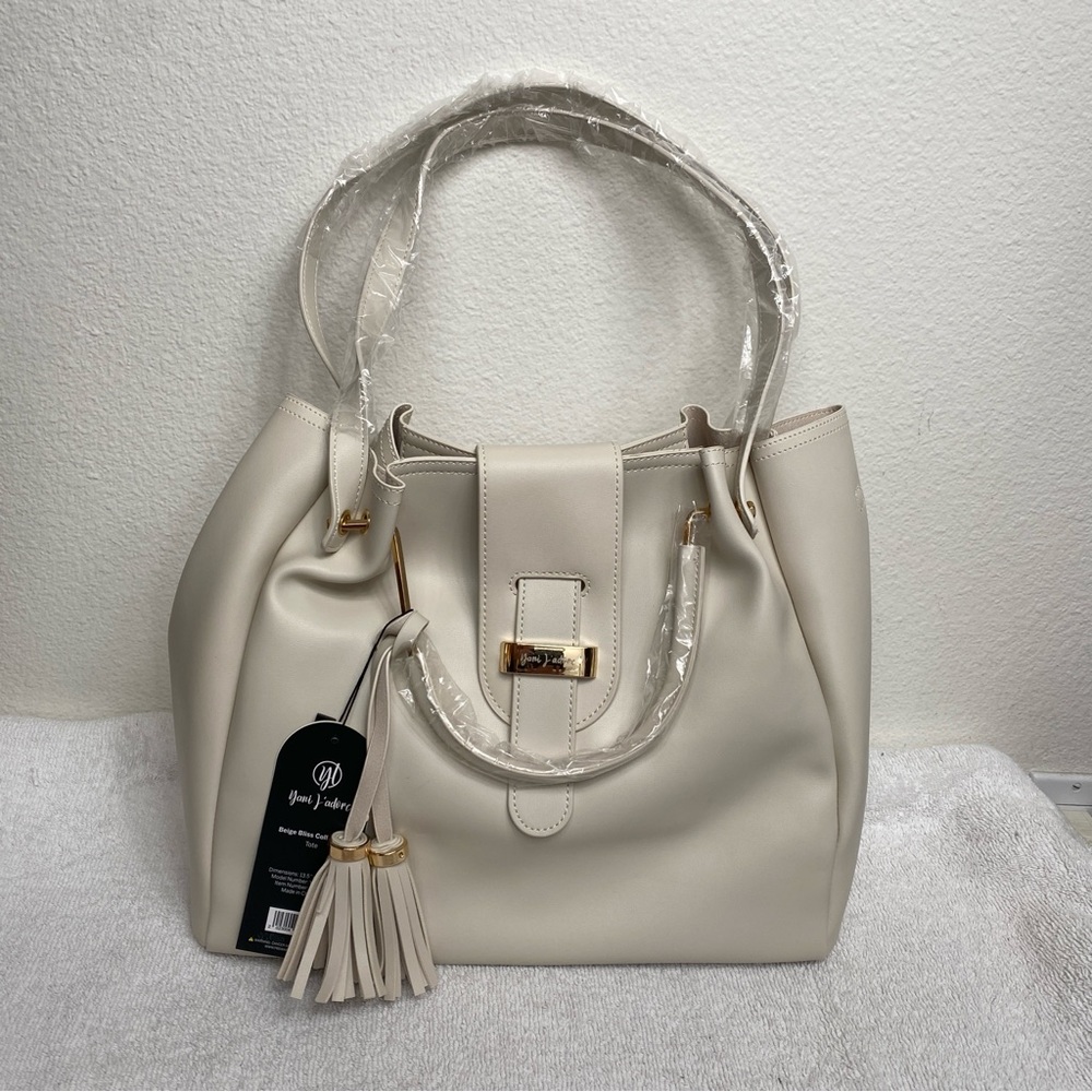 NWT New Womens Yani J'adore Beige Bliss Faux Leather Tote Satchel Purse Classic